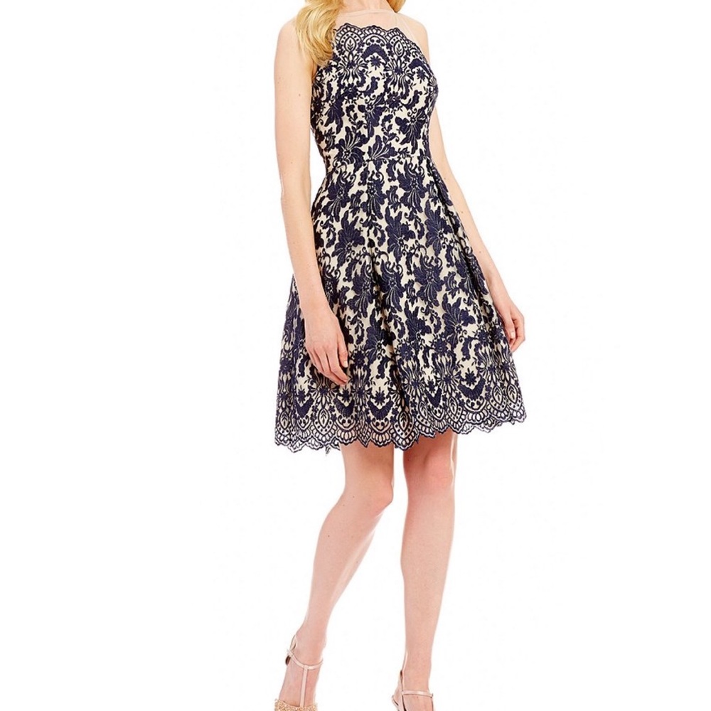 London Times Navy and Cream One-Shoulder Lace Fit-and-Flare Dress